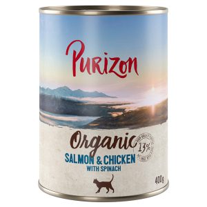 12 x 200 g / 400 g Purizon kissanruoka erikoishintaan! - Luomu: lohi, kana & pinaatti (12 x 400 g)