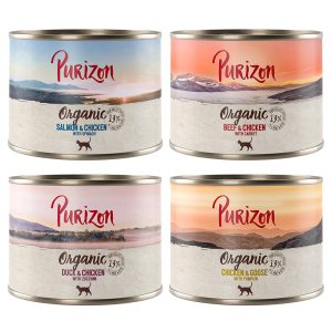 12 x 200 g / 400 g Purizon kissanruoka erikoishintaan! - Luomu: lajitelma 4 makua (12 x 200 g)