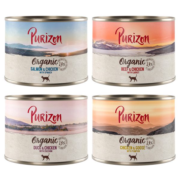 12 x 200 g / 400 g Purizon kissanruoka erikoishintaan! - Luomu: lajitelma 4 makua (12 x 200 g)