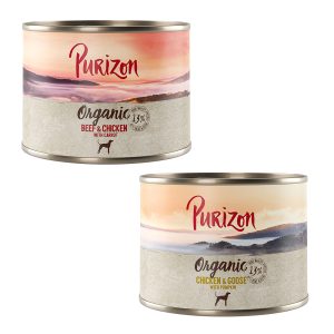 Säästöpakkaus Purizon 24 x 140g/200g/300 g erikoishintaan! - Purizon luomu lajitelma: 3 x kana & hanhi, 3 x nauta & kana 200g