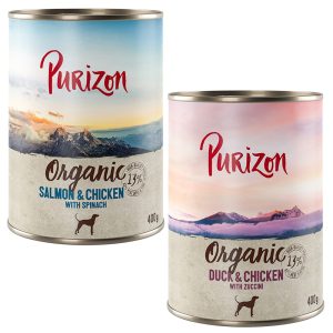 6x400g Organic lajitelma 3 x  luomuankka &  luomukana 3 x  luomulohi & luomukana Purizon