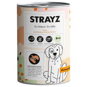 6x 400g STRAYZ BIO Luomukalkkuna, luomukurpitsa, luomufenkoli ja luomuriisi koiran märkäruoka