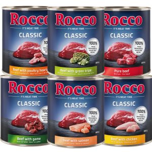 12 x 800g Rocco Classic, mix: nauta, kana, lohi, siipikarjansydän, riista, pötsi
