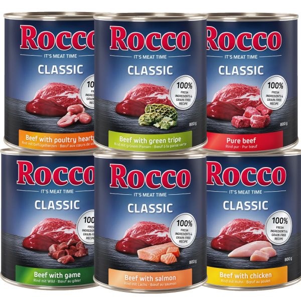 12 x 800g Rocco Classic, mix: nauta, kana, lohi, siipikarjansydän, riista, pötsi