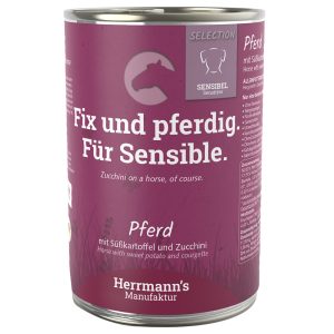 12x 400g Herrmann's Selection Sensitive hevonen, luomubataatti ja luomukesäkurpitsa märkäruoka koirille