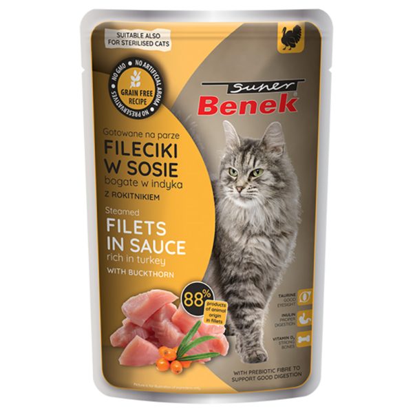 28x 85g Super Benek viljaton höyrytetty filee kalkkuna & tyrni kastikkeessa kissan märkäruoka