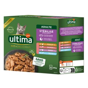 8x 85g Ultima Sterilized Mix I (kana, kalkkuna, lohi, taimen) märkäruokaa kissoille.
