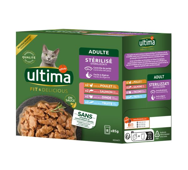 8x 85g Ultima Sterilized Mix I (kana, kalkkuna, lohi, taimen) märkäruokaa kissoille.