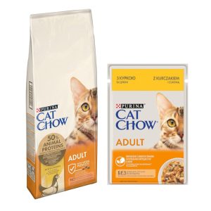 15kg Adult Chicken + 26x85g märkäruokaa Cat Chow kissanruoka