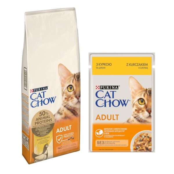 15kg Adult Chicken + 26x85g märkäruokaa Cat Chow kissanruoka