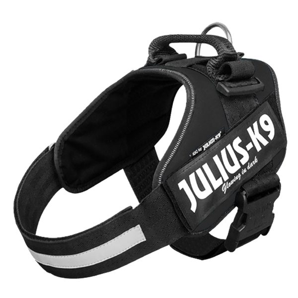 Setti: JULIUS-K9®-Power -valjaat - musta + Julius-K9 -tuplatalutushihna, kumipintainen - valjaskoko 2 + talutushihna 220 cm (alle 50 kg)