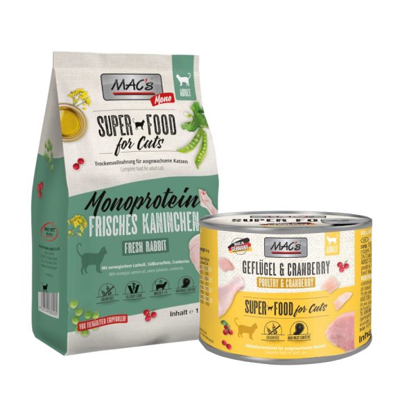 1,5kg+6x200 paketti kuiva ja Adult Monoprotein Rabbit MAC's Kissanruoka