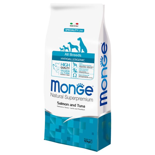 12kg Natural Superpremium All Breeds Hypoallergeeninen Lohi & Tonnikala Monge Kuivamuona koiranruoka