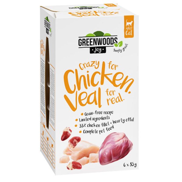 6x85g Crazy for Chicken. Veal for real. kanafilee ja vasikka Greenwoods Joy kissanruoka