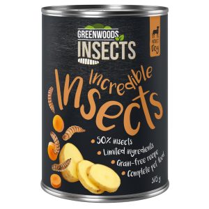 12x375g hyönteisiä, perunaa ja porkkanaa Greenwoods Insects -koiranruoka