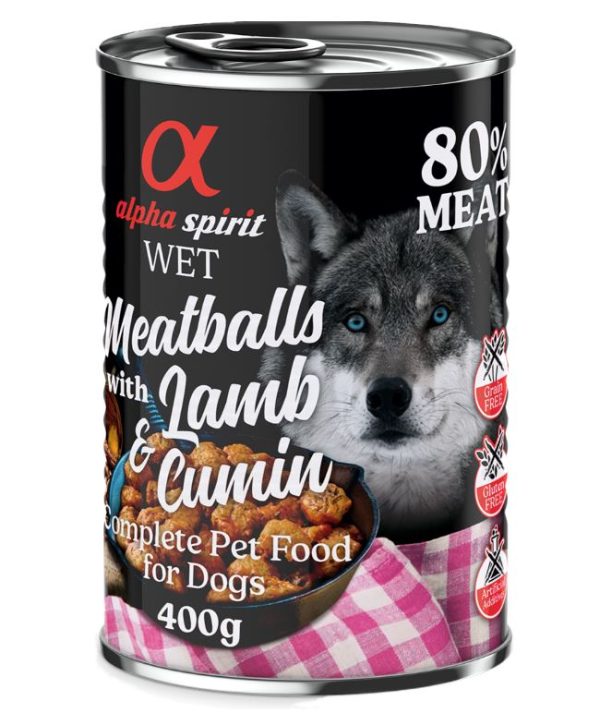 6x400g Dog Meatballs lammas & roomankumina Alpha Spirit koiran märkäruoka