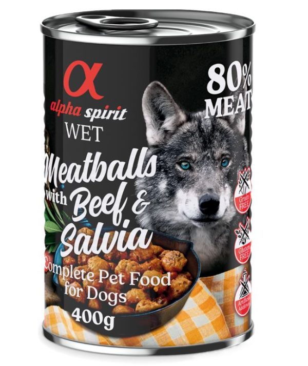 6x400g Dog Meatballs nauta & salvia Alpha Spirit koiran märkäruoka