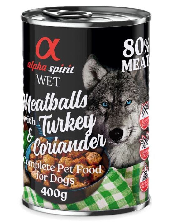 6x400g Dog Meatballs kalkkuna & korianteri Alpha Spirit koiran märkäruoka