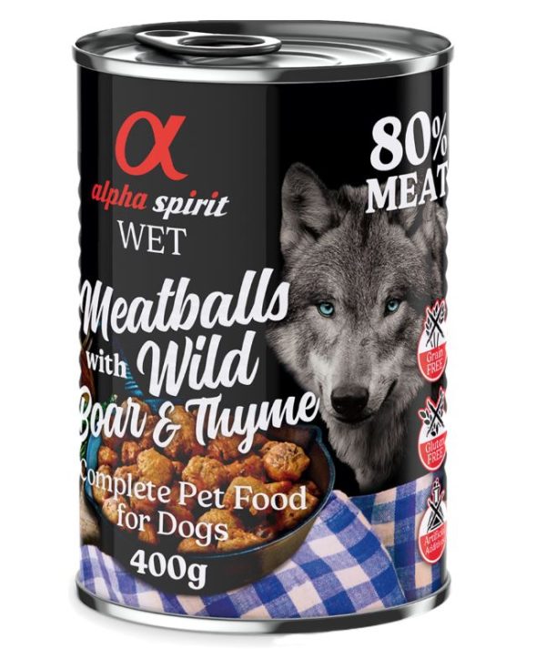 6x400g Dog Meatballs villisika & timjami Alpha Spirit koiran märkäruoka
